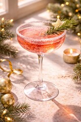 Festive pink cocktail in sugar-rimmed glass with star fruit and rosemary sprig.