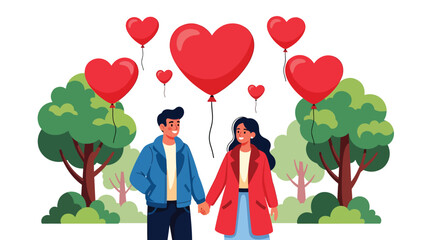 Romantic couple walking hand in hand through a city park on Valentine’s Day, flat vector illustration with solid colors, clean outlines, love, relationship, and seasonal celebration concept