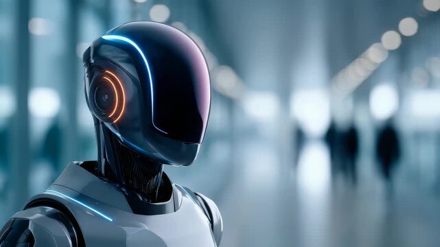 Futuristic humanoid robot with illuminated visor stands in a modern glass corridor, symbolizing advanced artificial intelligence. Sleek design and glowing accents highlight innovation