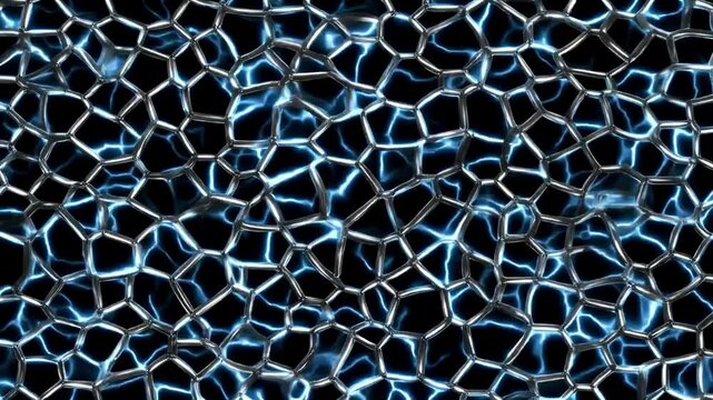 Aluminium wire mesh illuminated by shifting electric currents with hypnotic pattern movement, cinematic 4K loop.