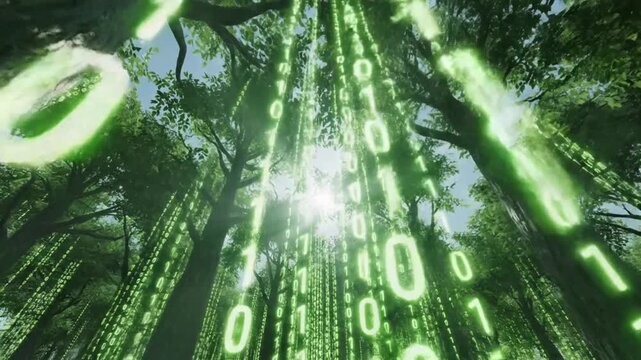 Digital Forest Green Binary Code Falling Through Trees, Nature and Technology Concept