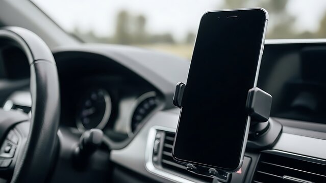 Smartphone mounted on car dashboard for navigation, front seat view of modern car interior