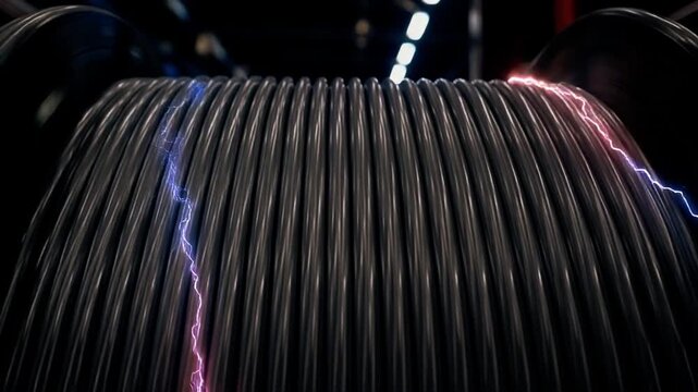 Wide shot of a large aluminium power cable with soft electrical arcs traveling across the insulation, cinematic 4K.