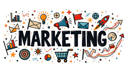 Hand-drawn marketing illustration with icons and bold MARKETING text on white background representing strategy, promotion, and business growth