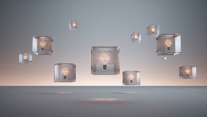 Floating Light Bulbs Inside Transparent Cubes on Gray Background