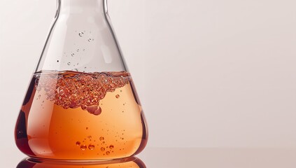 Glass Flask with Bubbling Red Liquid on a Light Background