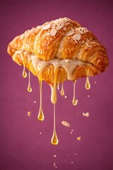 Golden croissant sandwich with a sweet creamy drizzle and almond flakes on top.