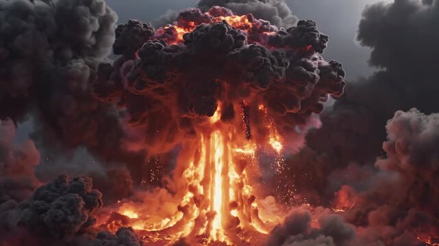 Abstract aerial view of a powerful simulated volumetric fire cloud rapidly ascending and transforming into a fiery mushroom shape atmospheric, fire, powerful simulated volumetric fire cloud