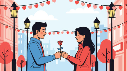 Romantic couple exchanging roses on a city street decorated for Valentine’s Day, flat vector illustration with solid colors and clean outlines, urban love concept