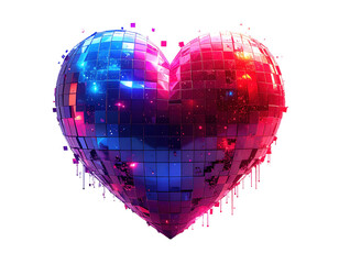 3D glowing pixelated heart in vibrant neon red and blue,white background.