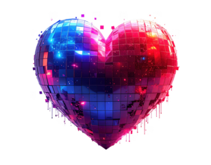3D glowing pixelated heart in vibrant neon red and blue,white background.