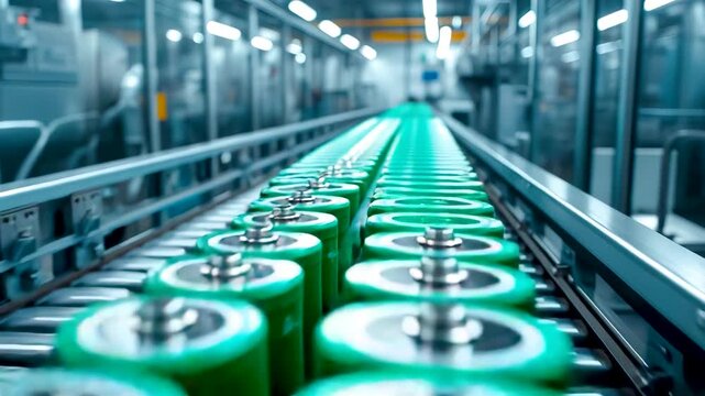 Green Lithium Batteries Moving Along Conveyor Belt Factory Production Line