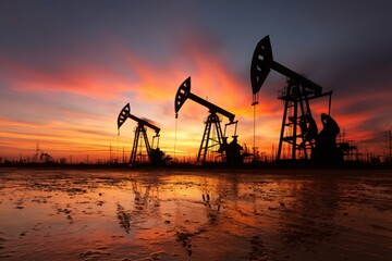 Silhouettes of oil pump jacks operating in an oil field during a breathtaking sunset with vibrant colors illuminating the sky and reflecting on the ground