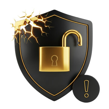 Security Breach Concept: Cracked Shield with Open Golden Padlock and Exclamation Mark