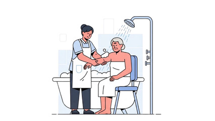 Caregiver assisting an elderly person with taking a shower in a bathroom