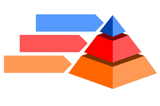 Infographic statistical hierarchical illustration of orange with blue and red triangles divided and cut into thirds , Pyramid of three layers for presenting business ideas or statistical data