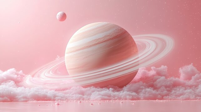 Minimalistic space art with saturn and moon models on soft pink background