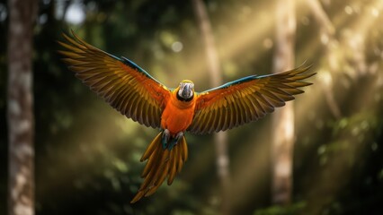 Fototapeta premium Colorful macaw parrot flying in sunlit forest