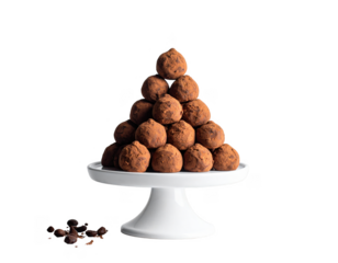 A pyramid of chocolate truffles on a white pedestal,white background