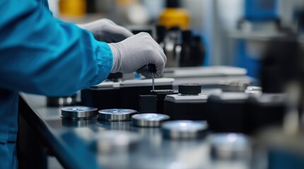 Gloved technician meticulously assembling electronic components on a modern production line, highlighting precision and innovative manufacturing processes in a high tech environment