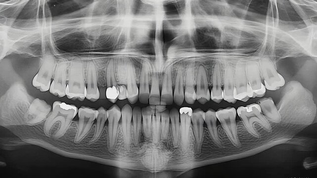 Dental X-ray: Panoramic View of Teeth and Jawbone Structure for Diagnostic Assessment and Treatment Planning.