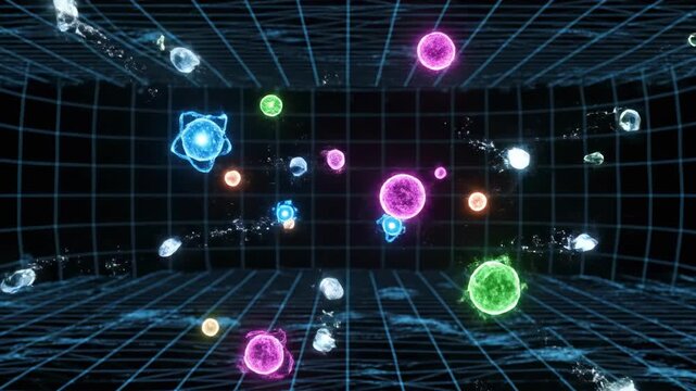 Abstract animation of microscopic atoms and glowing molecular structures bonding and separating seamlessly looping as a scientific data background graphic molecules, particles, education