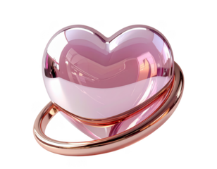 Chrome heart with a floating 3D rose gold ring around it,white background