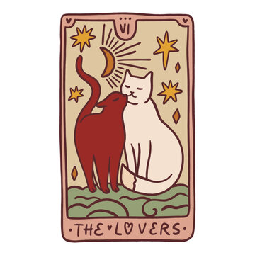 The Lovers cats animals sixth major arcana tarot hand drawn picture. Eternal feline love sacred concept. Mystical esoteric interior poster or t-shirt print and Valentine card. Vector illustration EPS