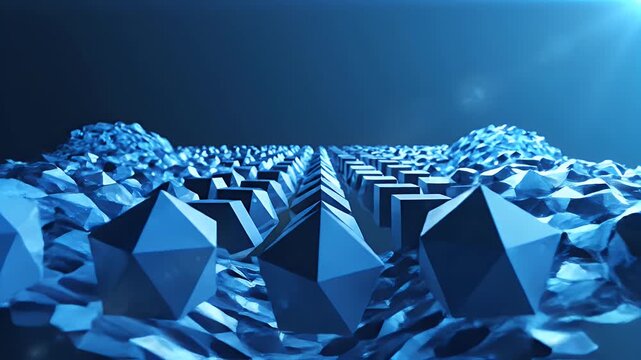 Abstract Blue Geometric Shapes Floating in Digital Space.