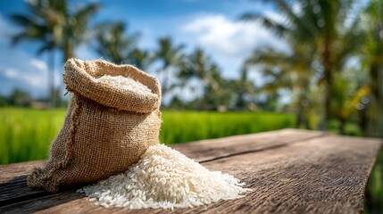 Burlap sack of white rice on wooden table with rice field background