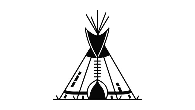 A minimalist black line art illustration of a teepee with a white background and simple geometric patterns.
