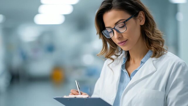 Confident female doctor wearing glasses and a white lab coat writes notes on a clipboard in a bright hospital corridor. Modern healthcare professional focused on patient care and medical documentation