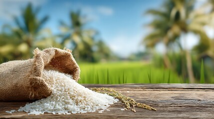 Burlap sack spilling white rice onto wooden table with rice stalks