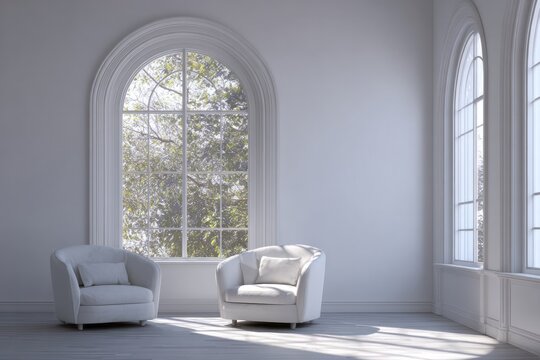 Minimalist room with two white armchairs by arched windows.