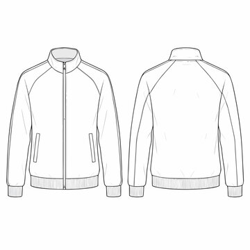 Technical fashion illustration of a mens fullzip track jacket with raglan sleeves and ribbed cuffs.