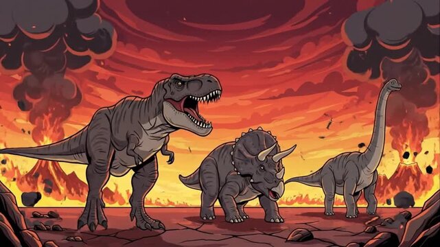 Cartoon Dinosaurs T Rex Triceratops Brontosaurus Volcanic Extinction