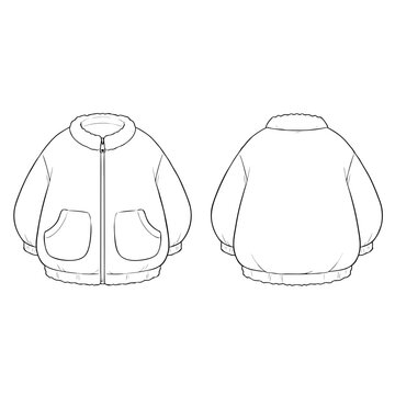 Technical sketch of a childrens oversized bomber jacket with front zipper and pockets.