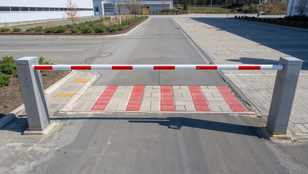 Metal road barrier gate blocking access on empty road, representing traffic control, security, restricted area, and infrastructure safety concept