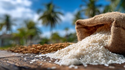 Close-up of white rice spilling from burlap sack with rice stalks