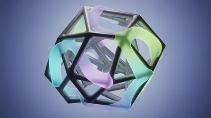 Abstract 3D geometric structure with colorful translucent ribbons weaving through its dark framework on a blue gradient background.