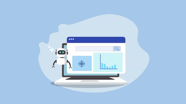 Flat illustration of a desktop monitor displaying a browser analytics screen with system processing icons, assisted by an AI robot and cloud background, representing AI cloud processing, automation, a