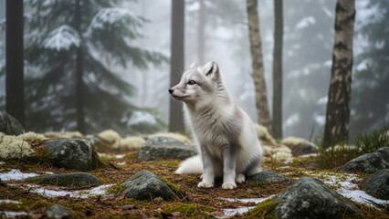 Arctic fox sitting amongst trees in a snowy forest