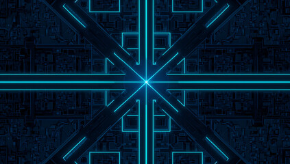 Abstract futuristic geometric pattern with glowing neon blue lines on dark background