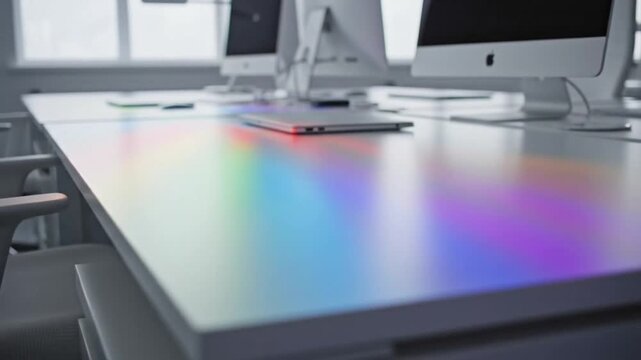 Modern Classroom or Office with Computers and Colorful Light Reflections on Desk