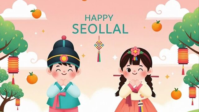 Happy Seollal Korean New Year greeting with cute children