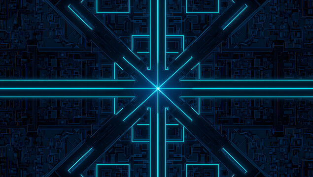 Abstract futuristic geometric pattern with glowing neon blue lines on dark background - Powered by Adobe