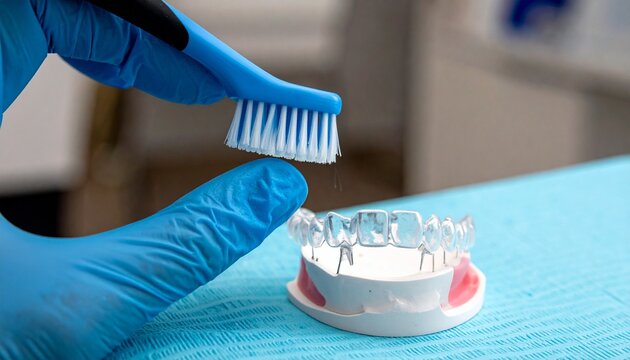 Close-up of a dentists hand holding a toothbrush over dentures for cleaning.