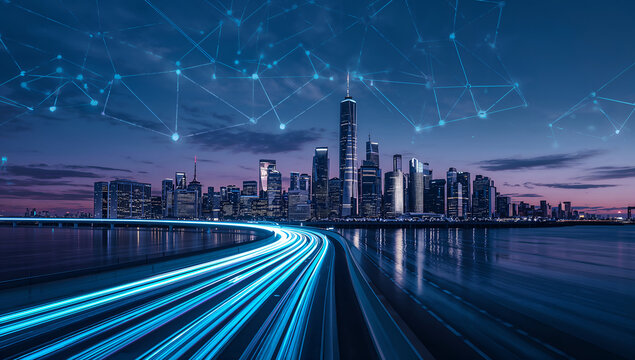 Futuristic cityscape with glowing network connections and light trails at dusk - Powered by Adobe