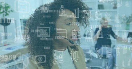 Animation of graphs, loading bars and circles, call center agent female guiding customer - Powered by Adobe