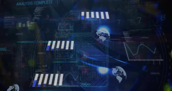 Animation of padlock, graphs, globes and computer language over abstract background